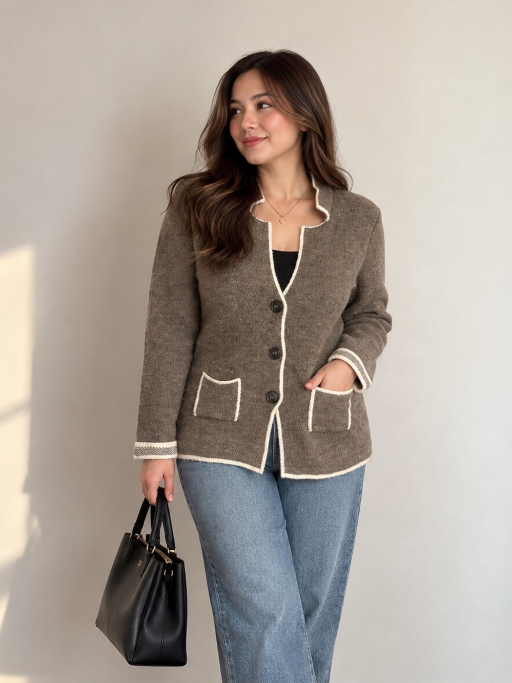 Wool Alpaca Contrast-Trim Knit Cardigan Sweater Cozy Fall Peacoat Made in Italy